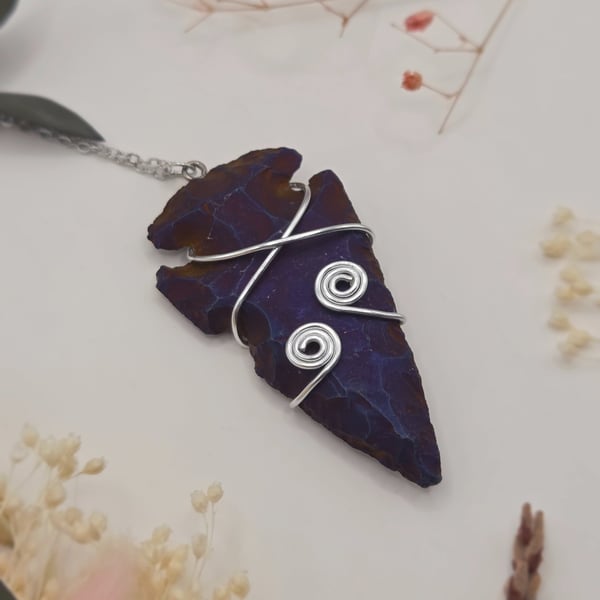 Wire-wrapped rainbow arrowhead stone pendant necklace, electroplated agate