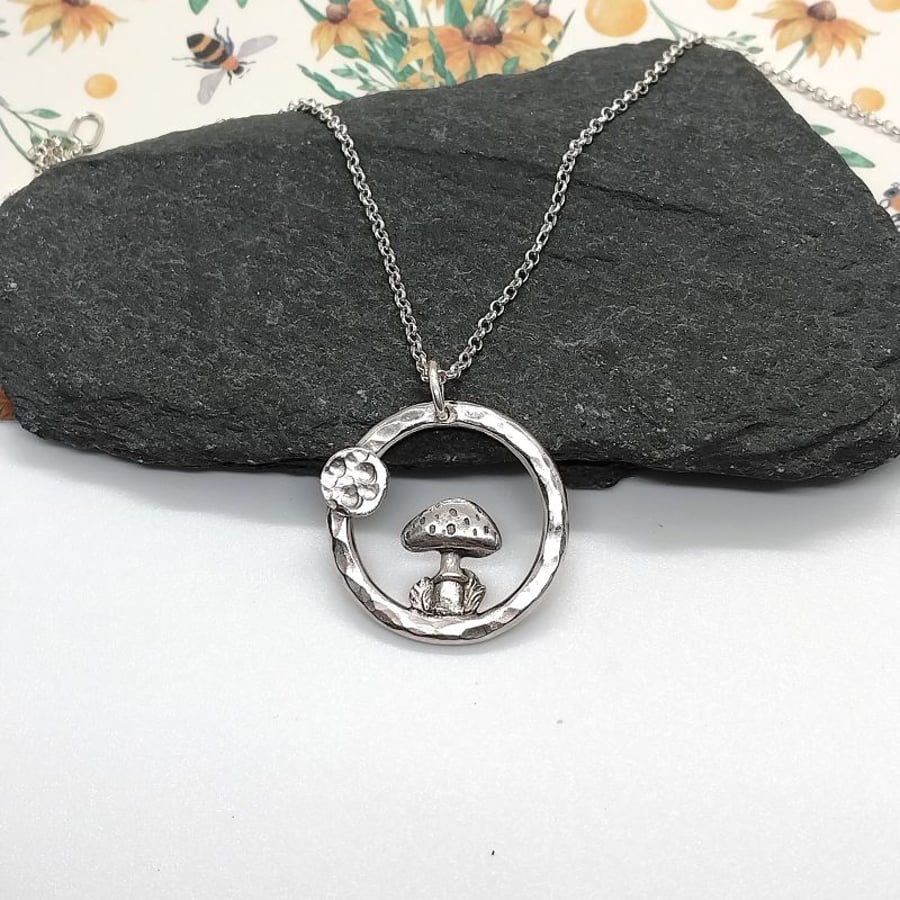 Mushroom pendant sterling silver circle necklace full moon