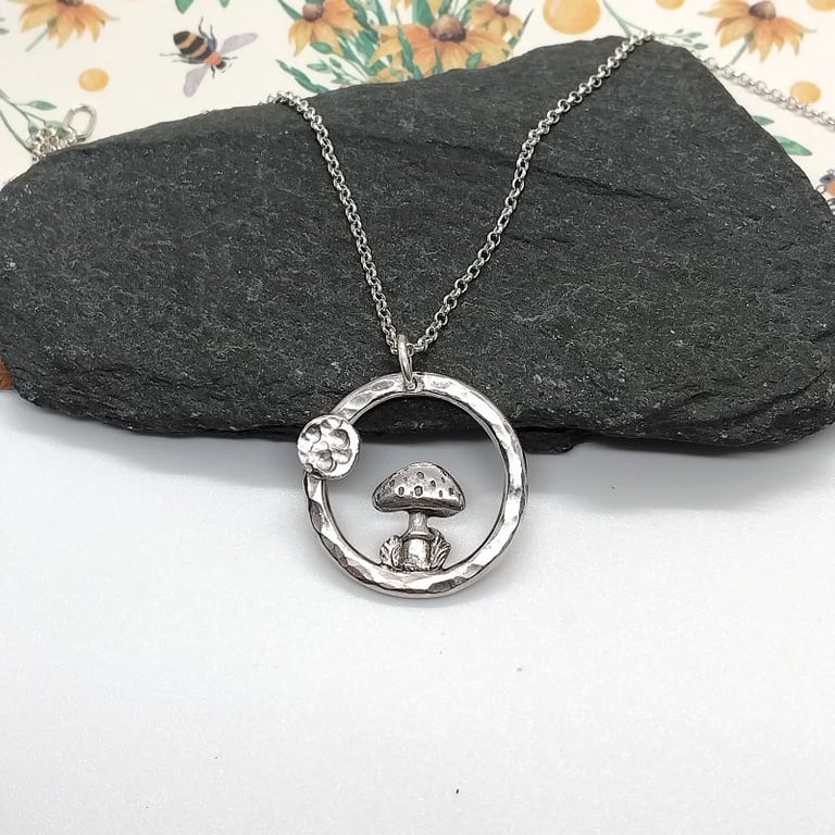 Mushroom pendant sterling silver circle necklace full moon