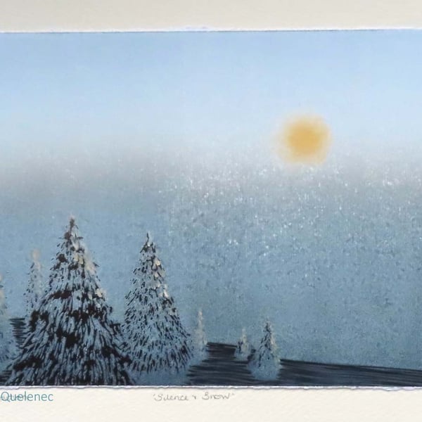 Silence and snow landscape night trees lino print twilight sunset night fall