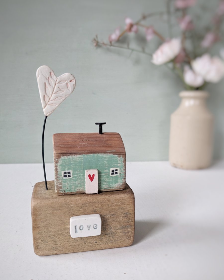 Little Wooden Cottage with Clay Love Heart