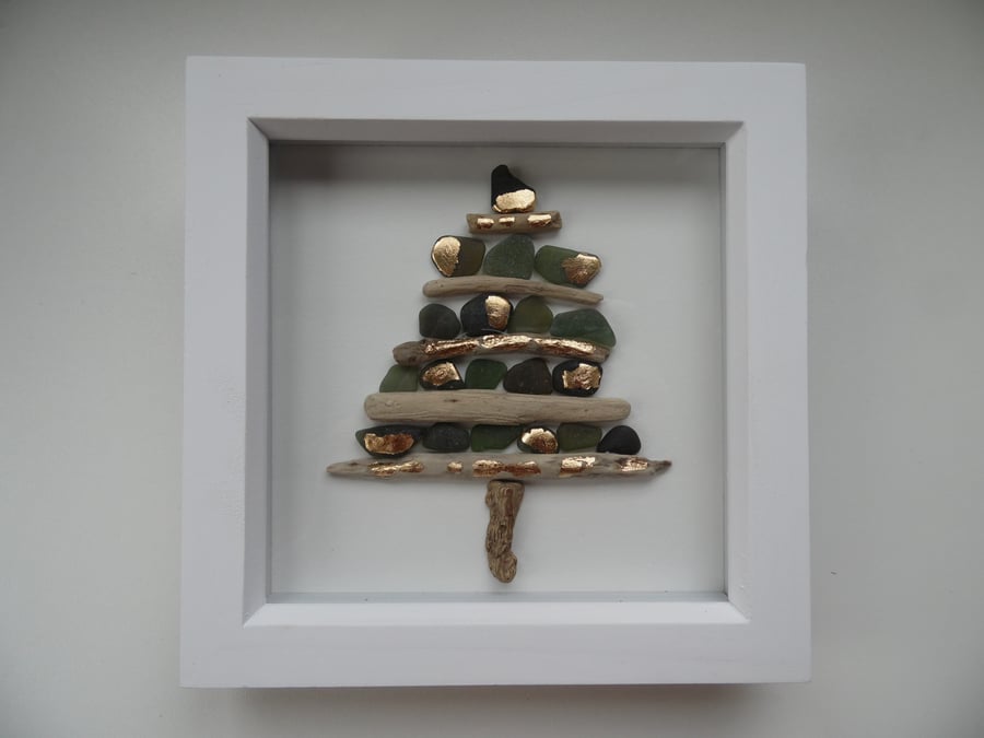 Christmas Tree Driftwood & Cornish Sea Glass, Gold Foil P232