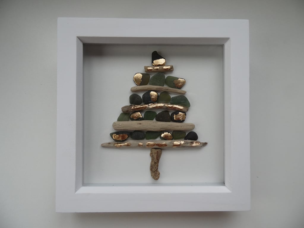 Christmas Tree Driftwood & Cornish Sea Glass, Gold Foil P232
