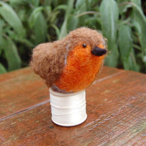 Robin on a bobbin. Needle Felt Robin - wool textile art.