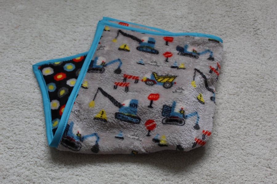 Handmade Grey Fleece Baby Comforter – Diggers Design, 50 cm Square