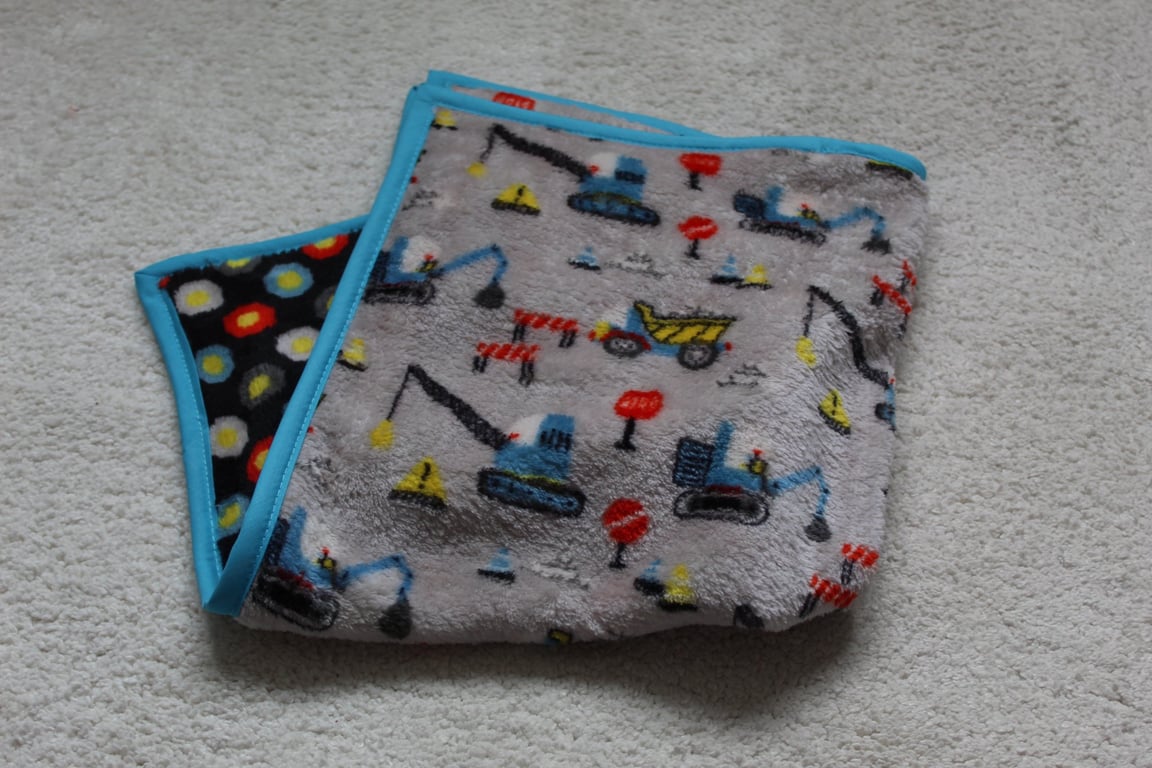 Handmade Grey Fleece Baby Comforter – Diggers Design, 50 cm Square