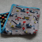 Handmade Grey Fleece Baby Comforter – Diggers Design, 50 cm Square