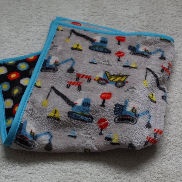 Handmade Grey Fleece Baby Comforter – Diggers Design, 50 cm Square