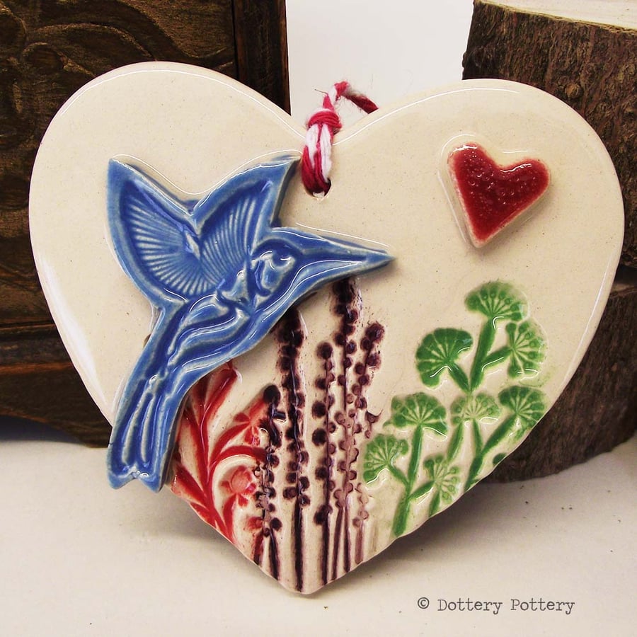 Ceramic heart floral decoration pottery bird gift for gardeners, pottery heart 
