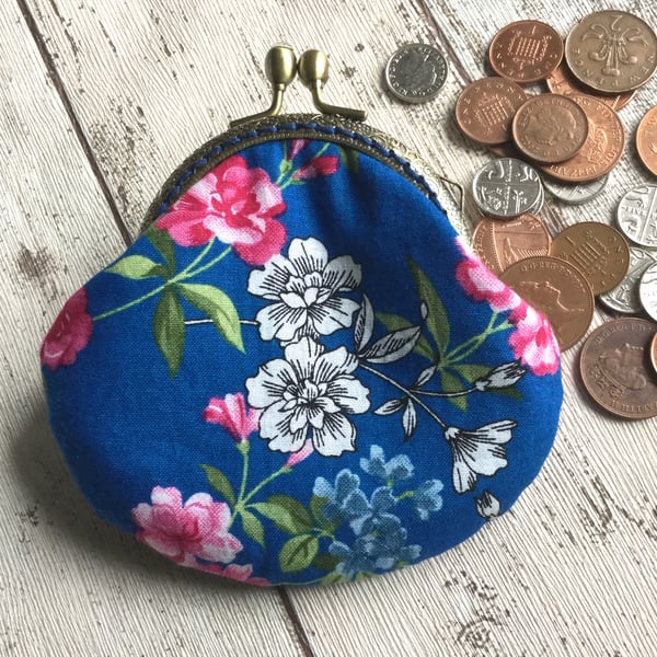 Navy & Pink Floral Fabric Clasp Coin Purse