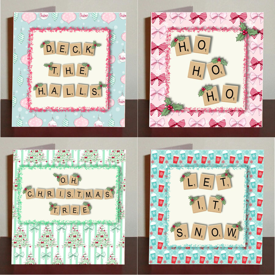 Seasonal Christmas cards set of 4 with digital scrabble letters