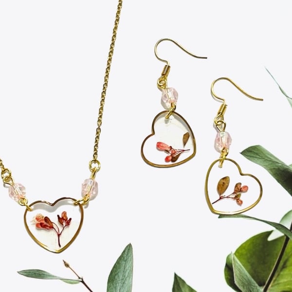 Heart shaped jewellery set, bridal jewel, nature lover gift