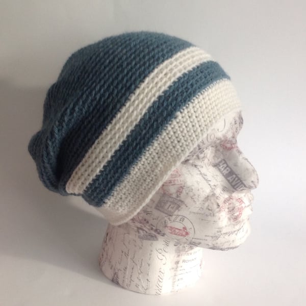 SLOUCH BEANIE hat 'Traveller'. Alpaca and wool blend.. Teal , white .