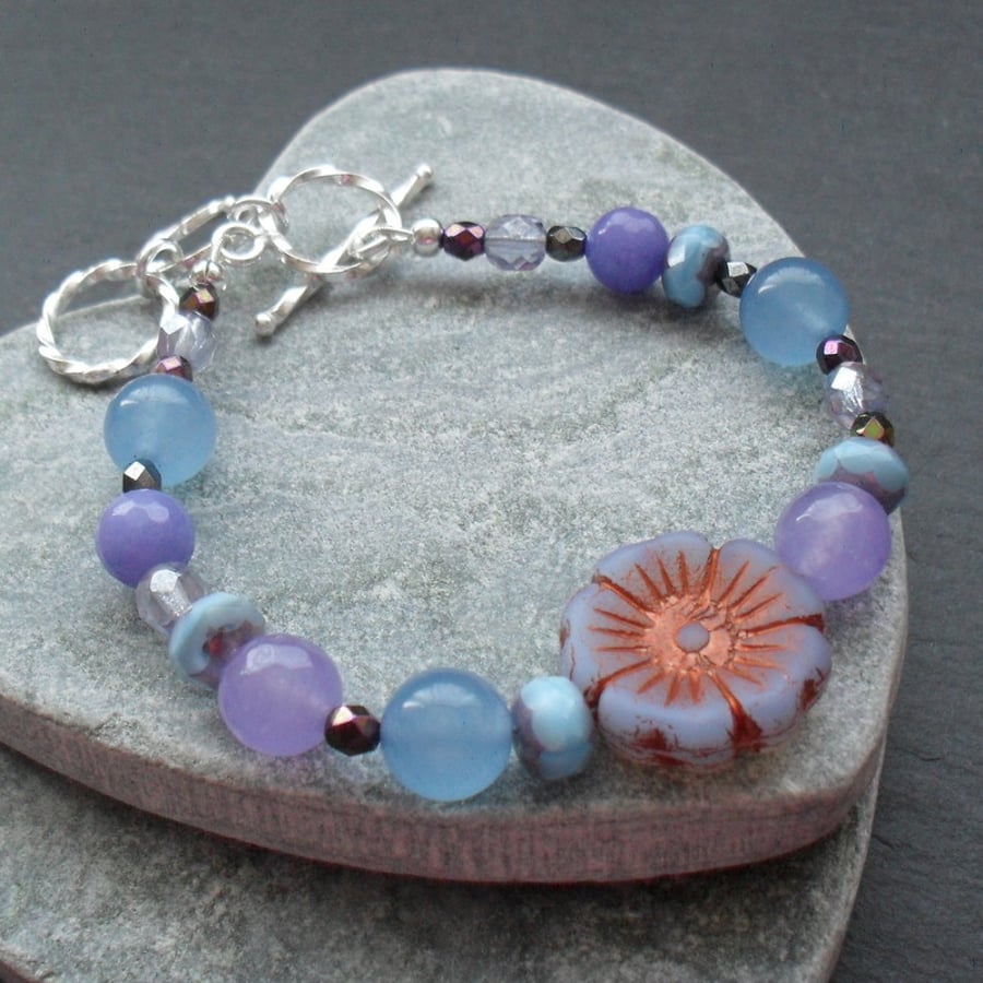 Sale Czech Glass Flower Beads and Quartz Lilac and Blue Bracelet