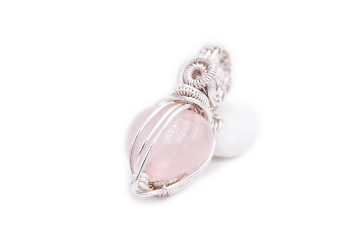 Rose quartz silver plated wire wrapped pendant