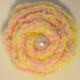 Yellow and Pink Crocheted Flower Brooch with Pearls