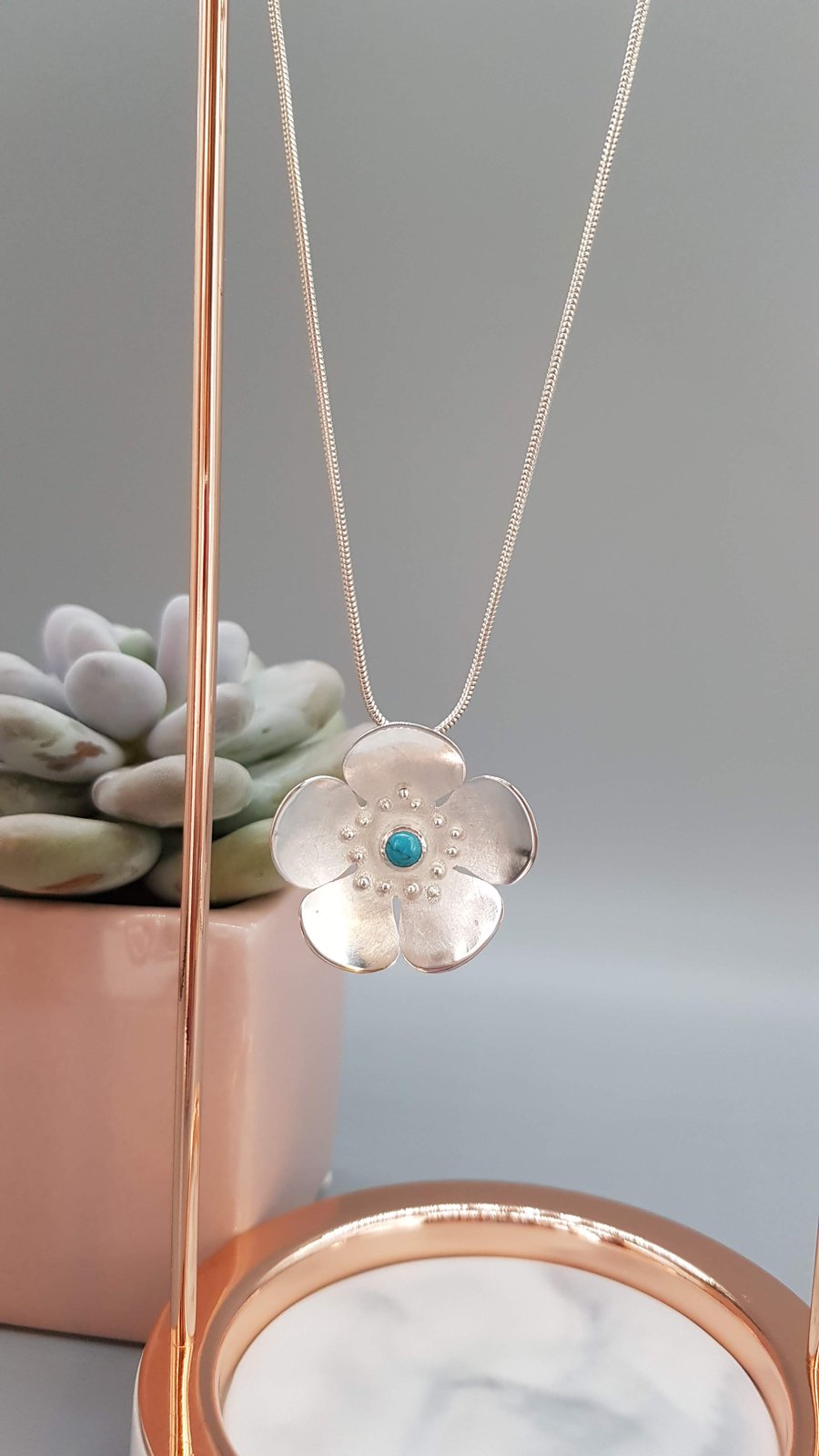 Sterling Silver Springbloom Turquoise Large Flower Pendant With Chain