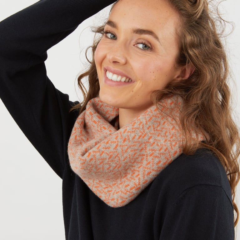 Scatter knitted cowl - cobble and orange soda