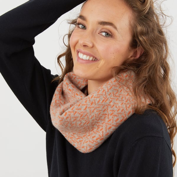 Scatter knitted cowl - cobble and orange soda