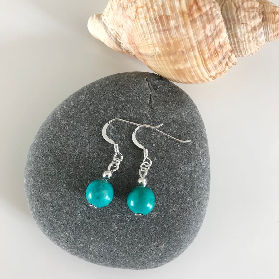 Turquoise gemstone bead earrings with sterling silver ear wires, December stone.