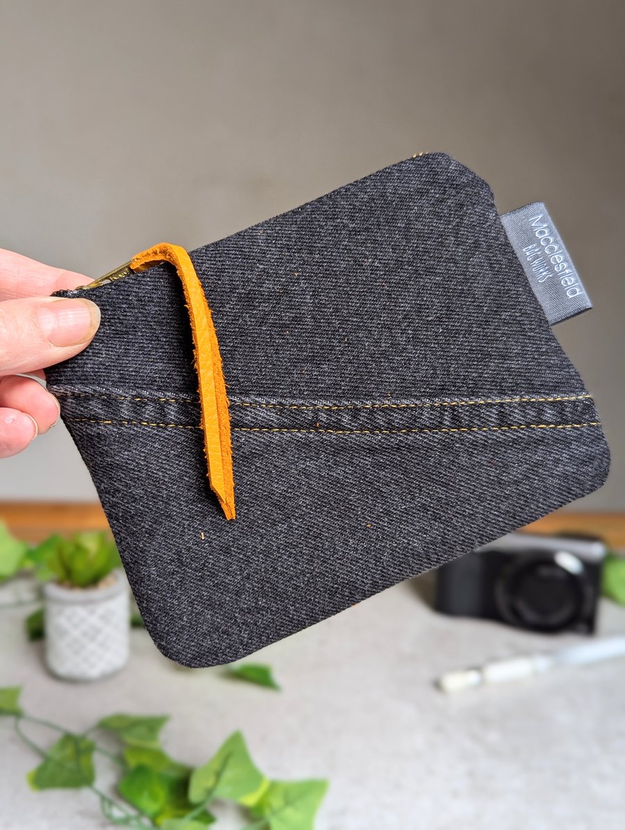 Denim Purse Pouch Purse, Pencil Case or Makeup Bag with Retro Orange Lining 