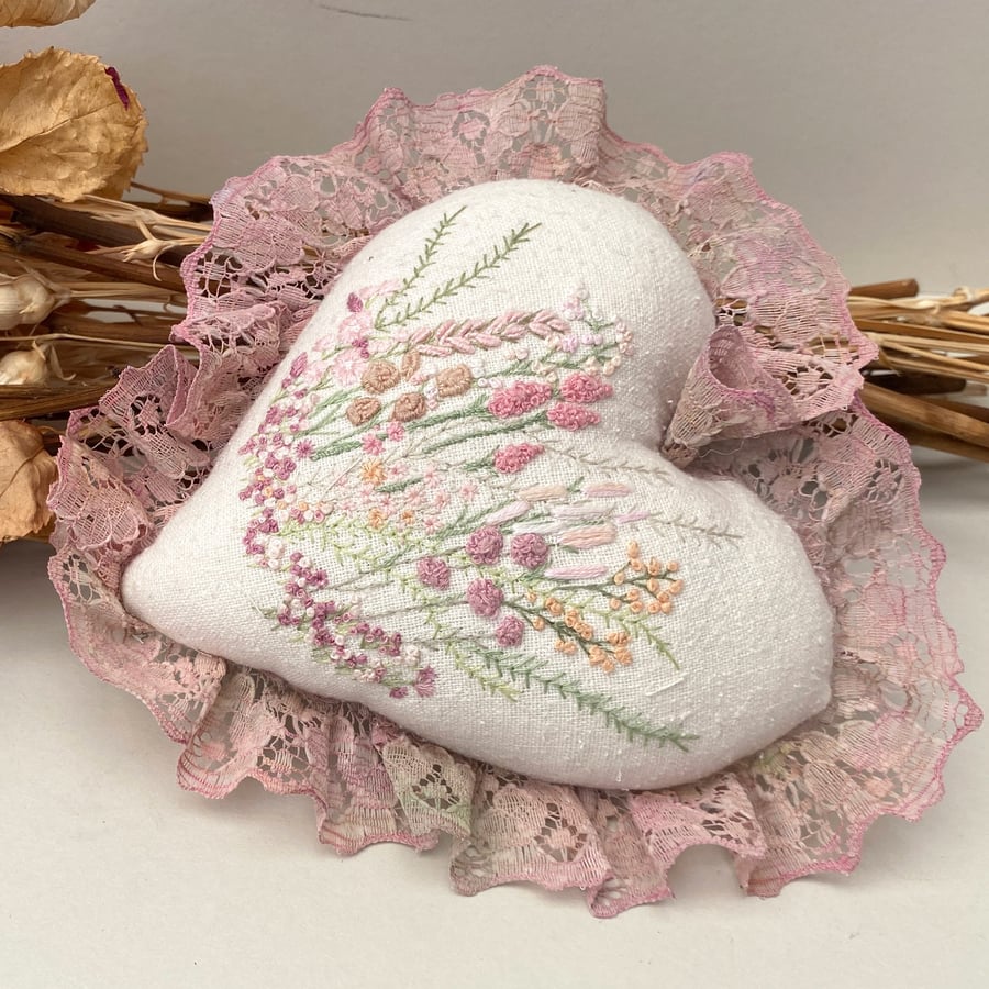 Hanging heart, pretty heart wall hanging, hand embroidered gift