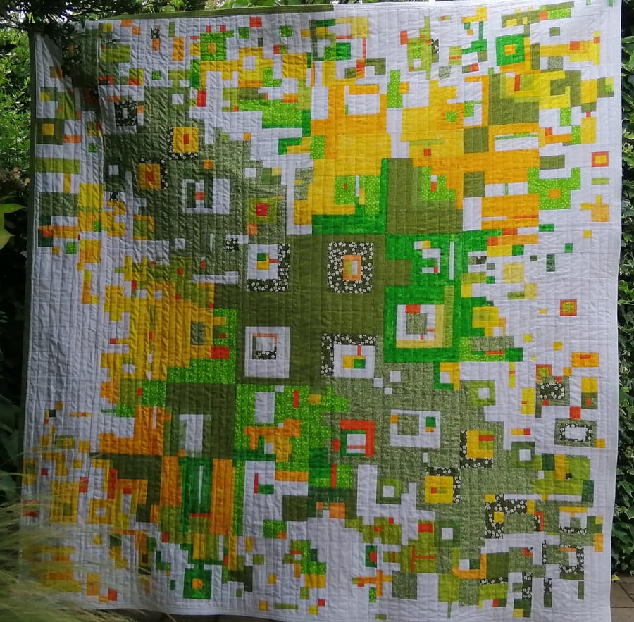 Modern Patchwork Improv Quilt green, yellow, white and orange 166cm square 65" 