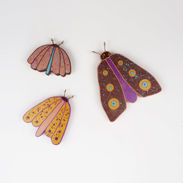 moth wall decor, set of 3, boho wall hangings, gift for insect lovers