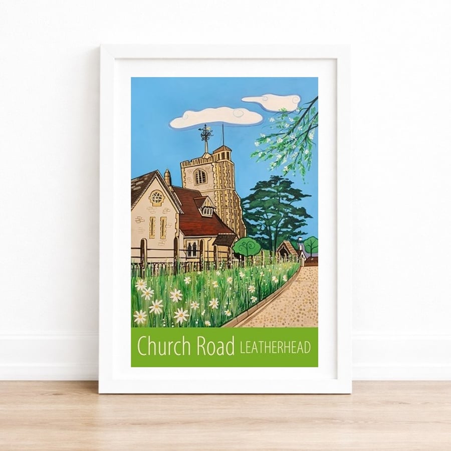 Leatherhead Church Road travel poster print by Susie West