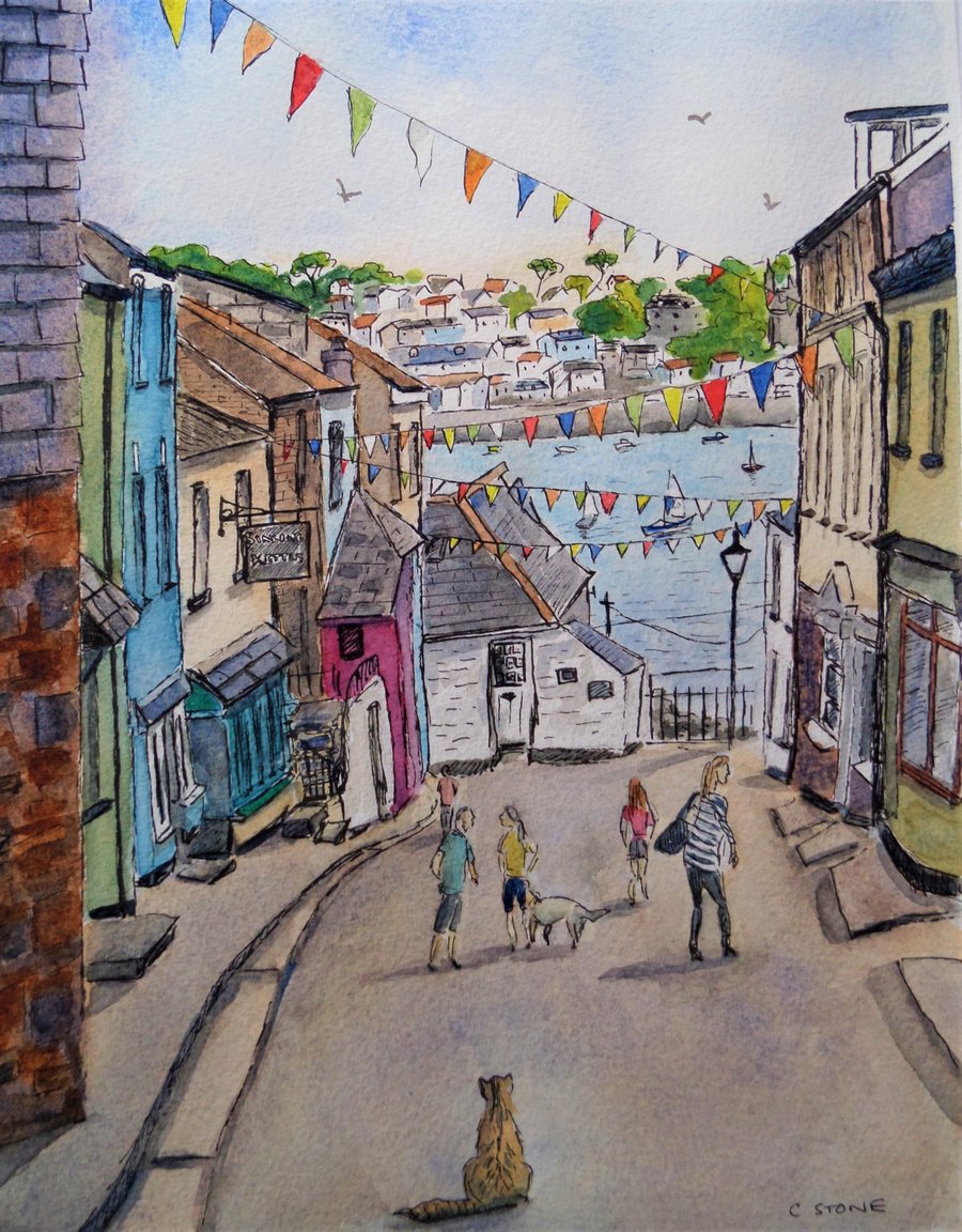 Watercolour pen and wash painting, Fore Street Polruan, view towards Fowey, 