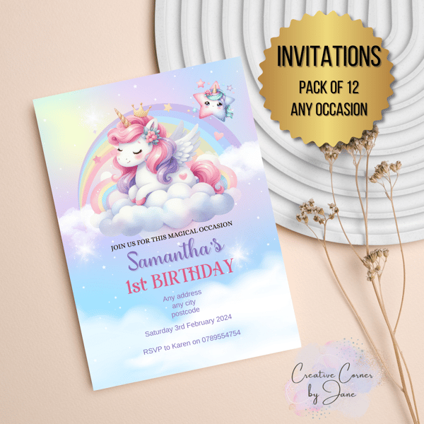Pack of 12 personalised unicorn girls party invitation birthday invite