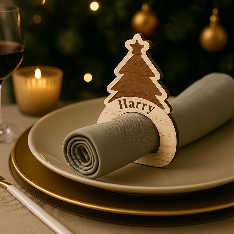 Personalised Wooden Tree Napkin Ring: Custom Christmas Name Place Setting