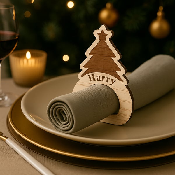 Personalised Wooden Tree Napkin Ring: Custom Christmas Name Place Setting