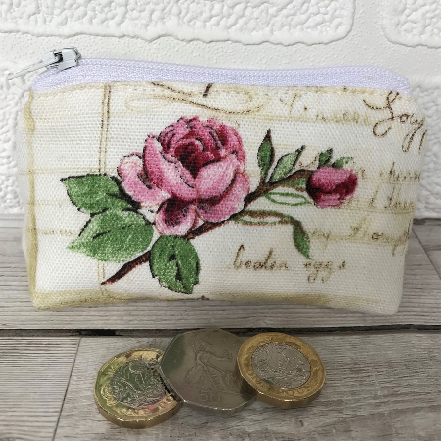Small purse, coin purse in pale cream with pink Rose and rosebud