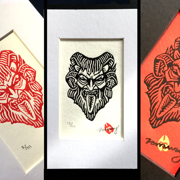 6 Horned Krampus - Mini Mono Prints - Available in Different Variations