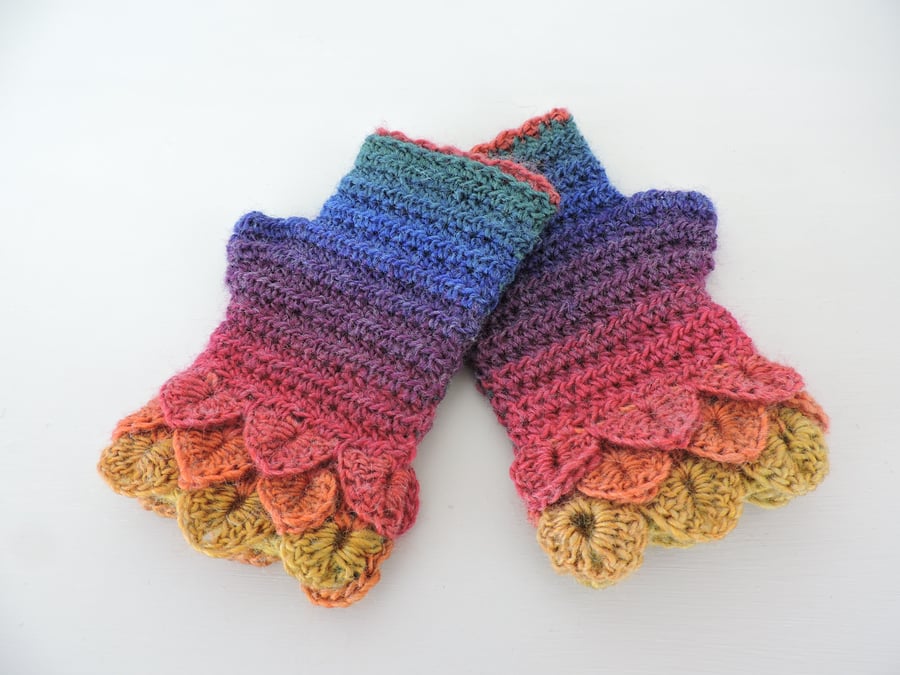 Fingerless  Mitts with Dragon Scale Cuffs Rainbow