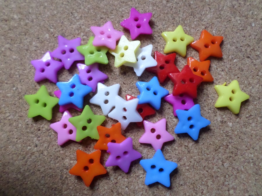 30 x 2-Hole Acrylic Buttons - Star - 12mm - Mixed Colour