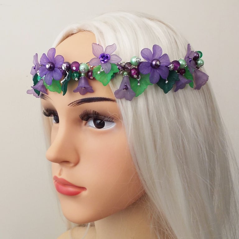 Purple Lucite Flower Circlet, Floral Headpiece, Wedding Crown, Garland Headdress
