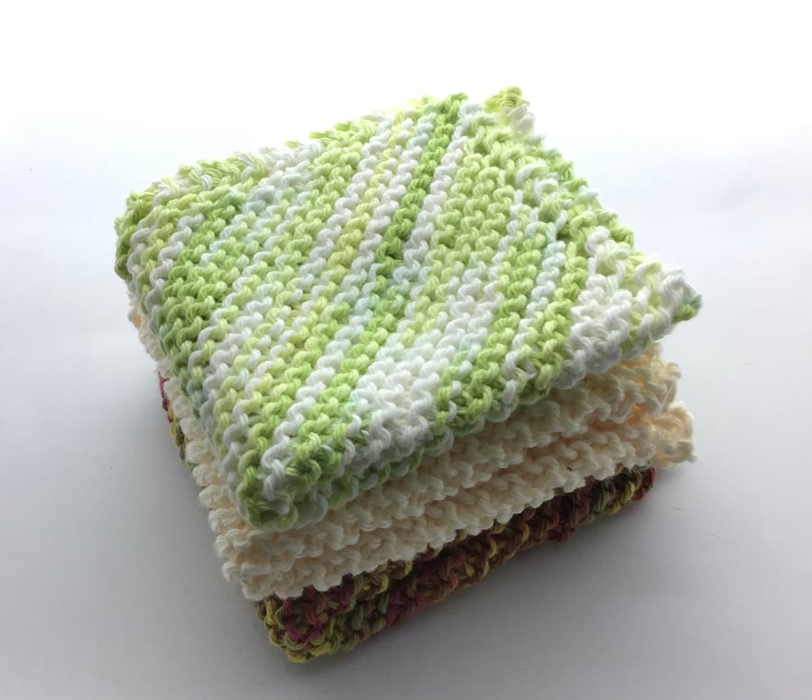 Hand Knit Cotton Dishcloth Bundle of 3