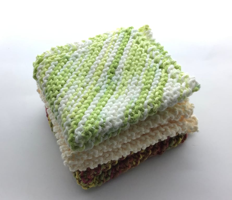 Hand Knit Cotton Dishcloth Bundle of 3