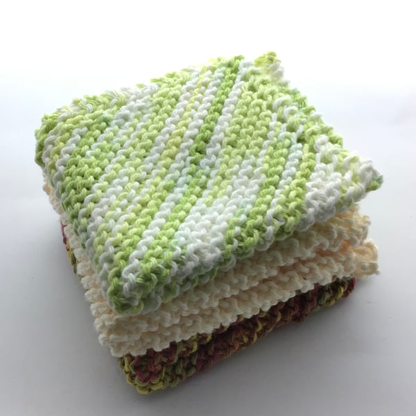 Hand Knit Cotton Dishcloth Bundle of 3