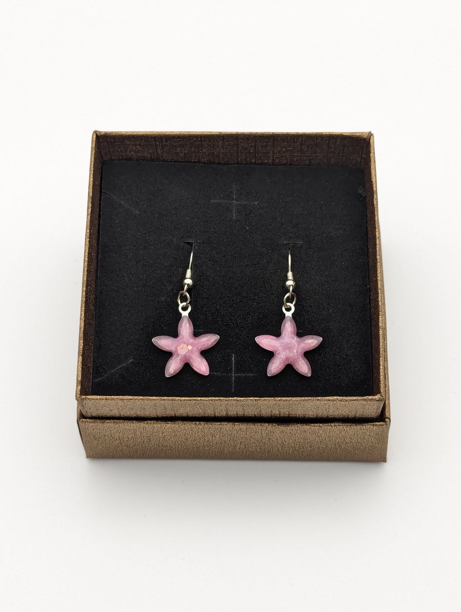 Pink Starfish Dangle Earrings Silver Colour Resin Filled Jewellery Gift