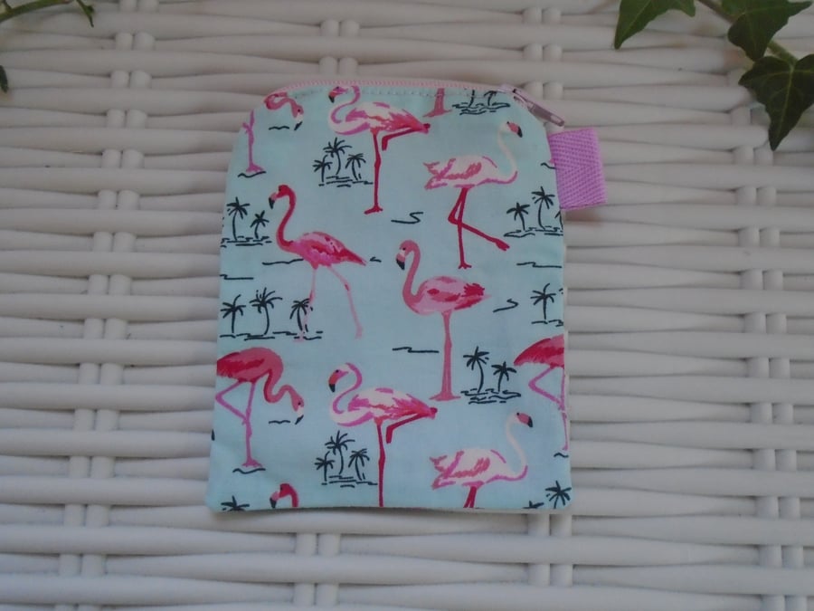 Pink Green Flamingo Coin Purse or Card Holder.