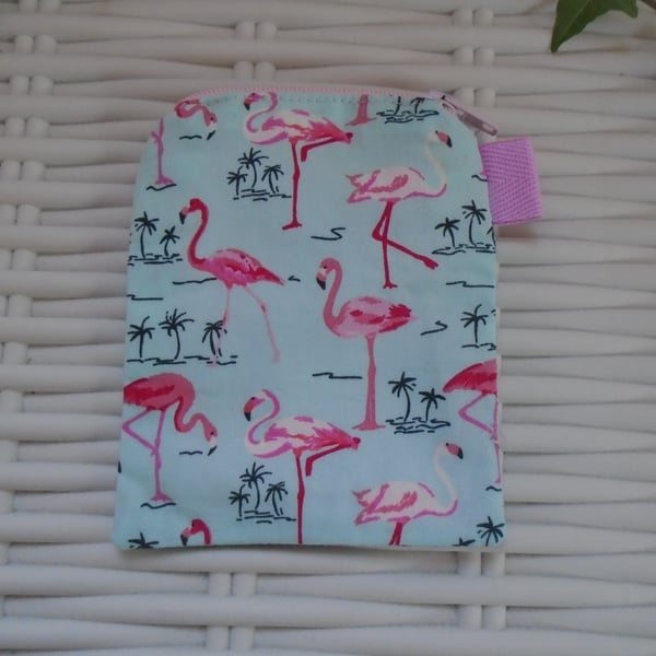 Pink Green Flamingo Coin Purse or Card Holder.
