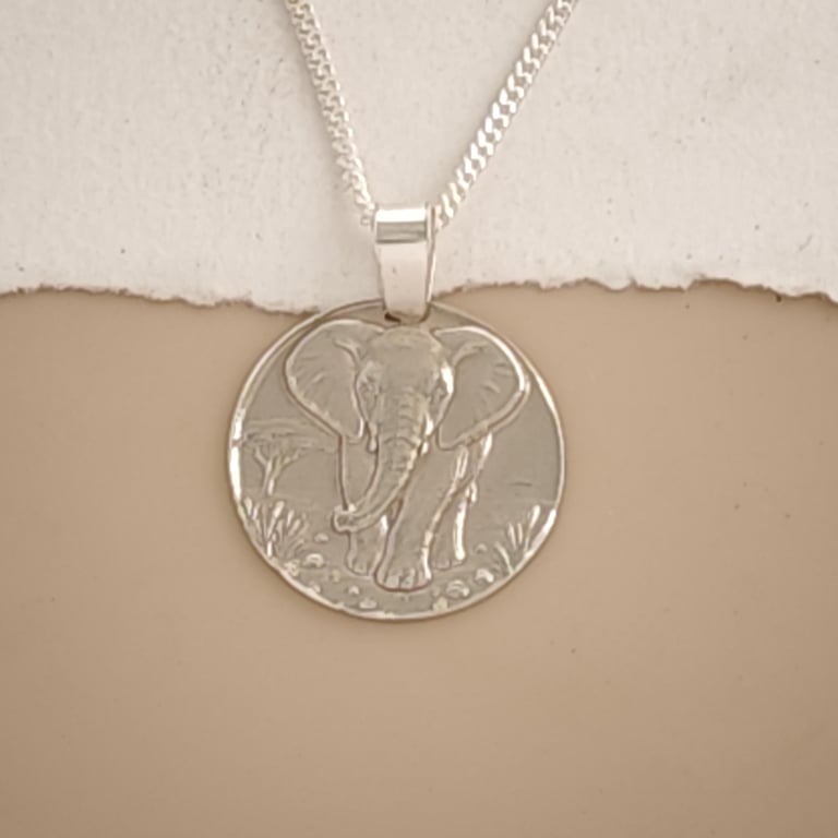 Elephant Engraved Sterling Silver Coin Necklace