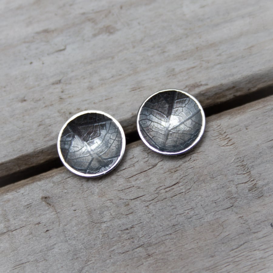 Domed Silver Leaf Texture Stud Earrings
