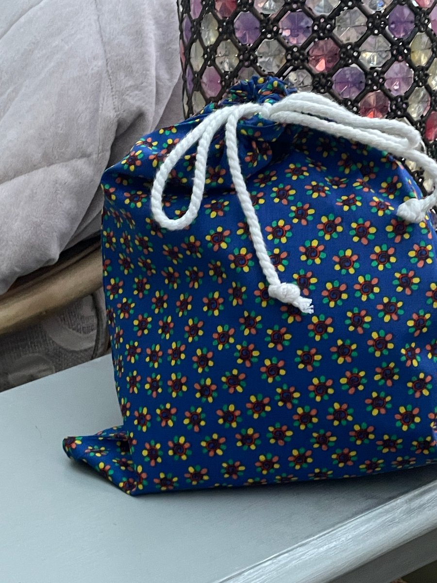 Blue and floral hand made cloth drawstring bag