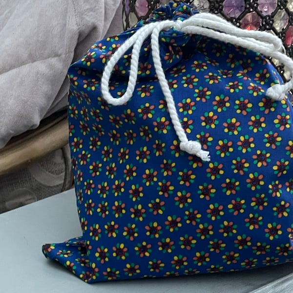Blue and floral hand made cloth drawstring bag