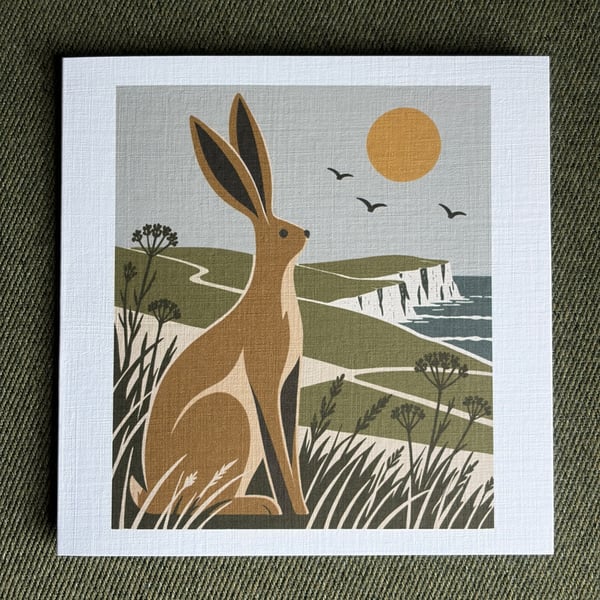 Hare Card, South Downs & Sussex Coast, 6x6 Linen Greeting Card