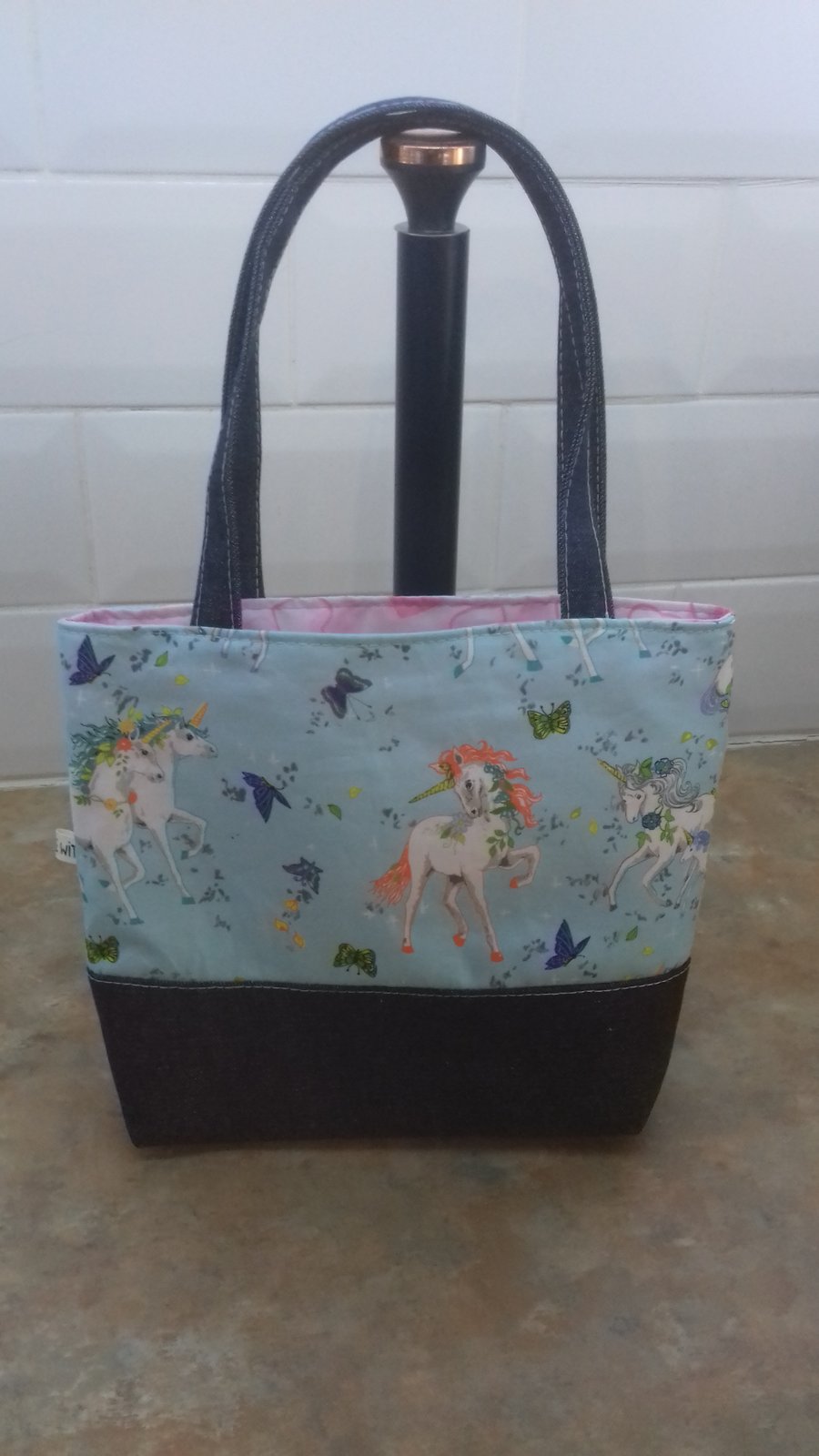 Little girls light blue unicorn mini tote bag toy bag with denim handles 